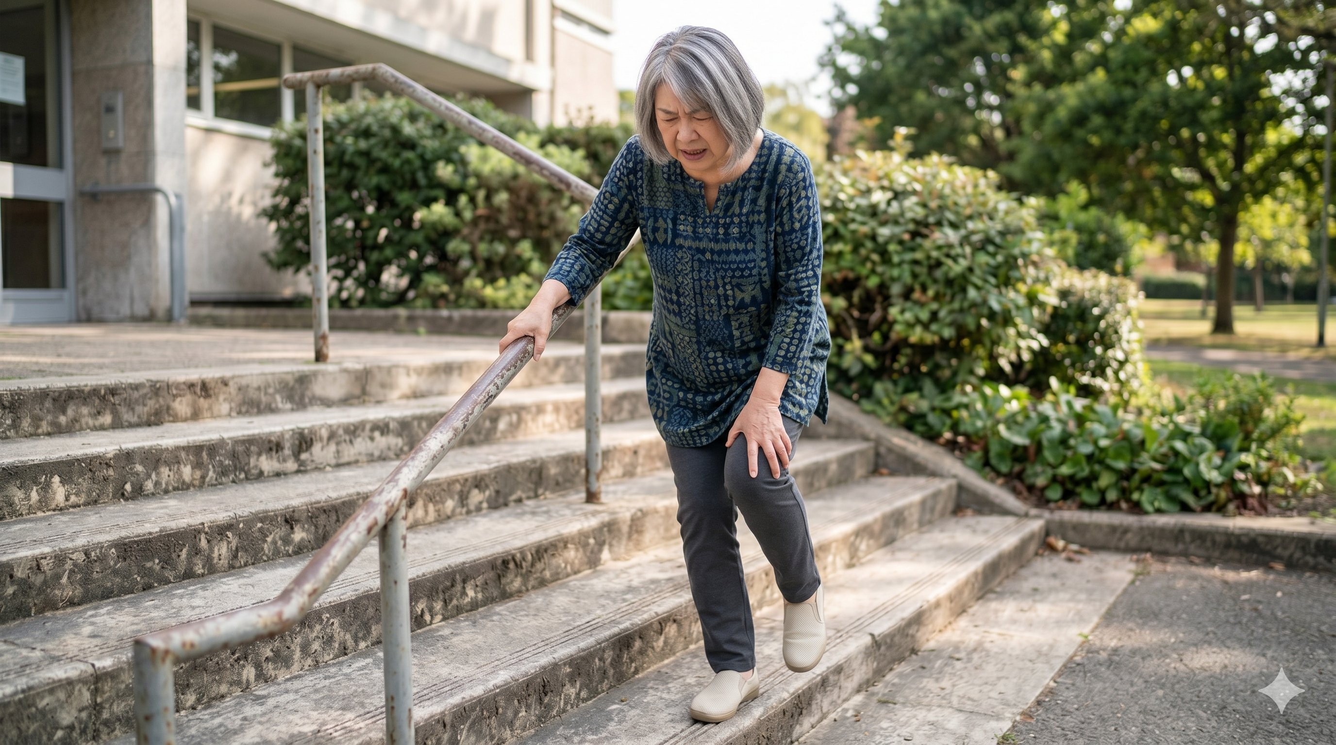 階段で膝の痛みに苦しむ女性