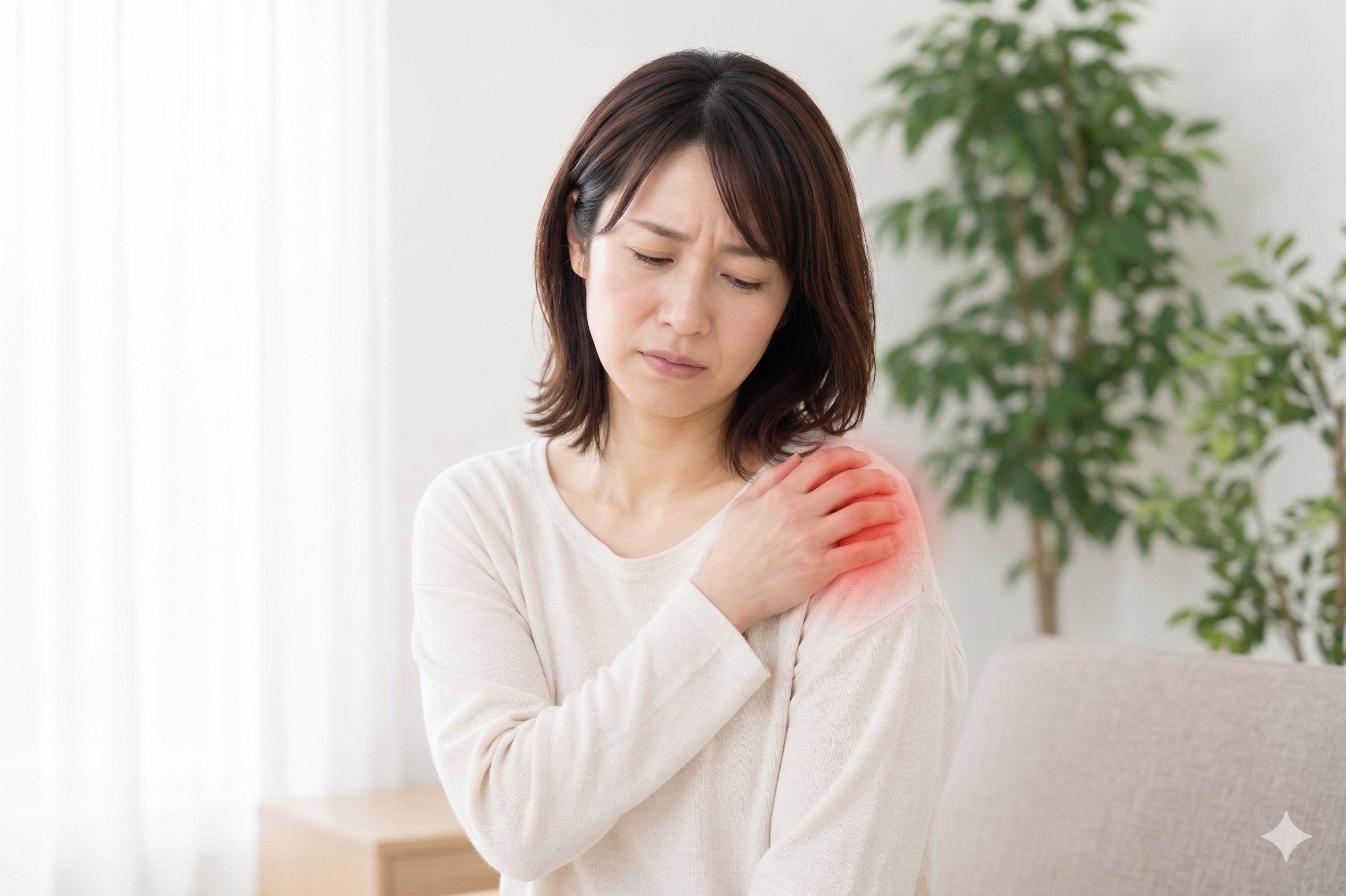 肩の痛みに悩む女性
